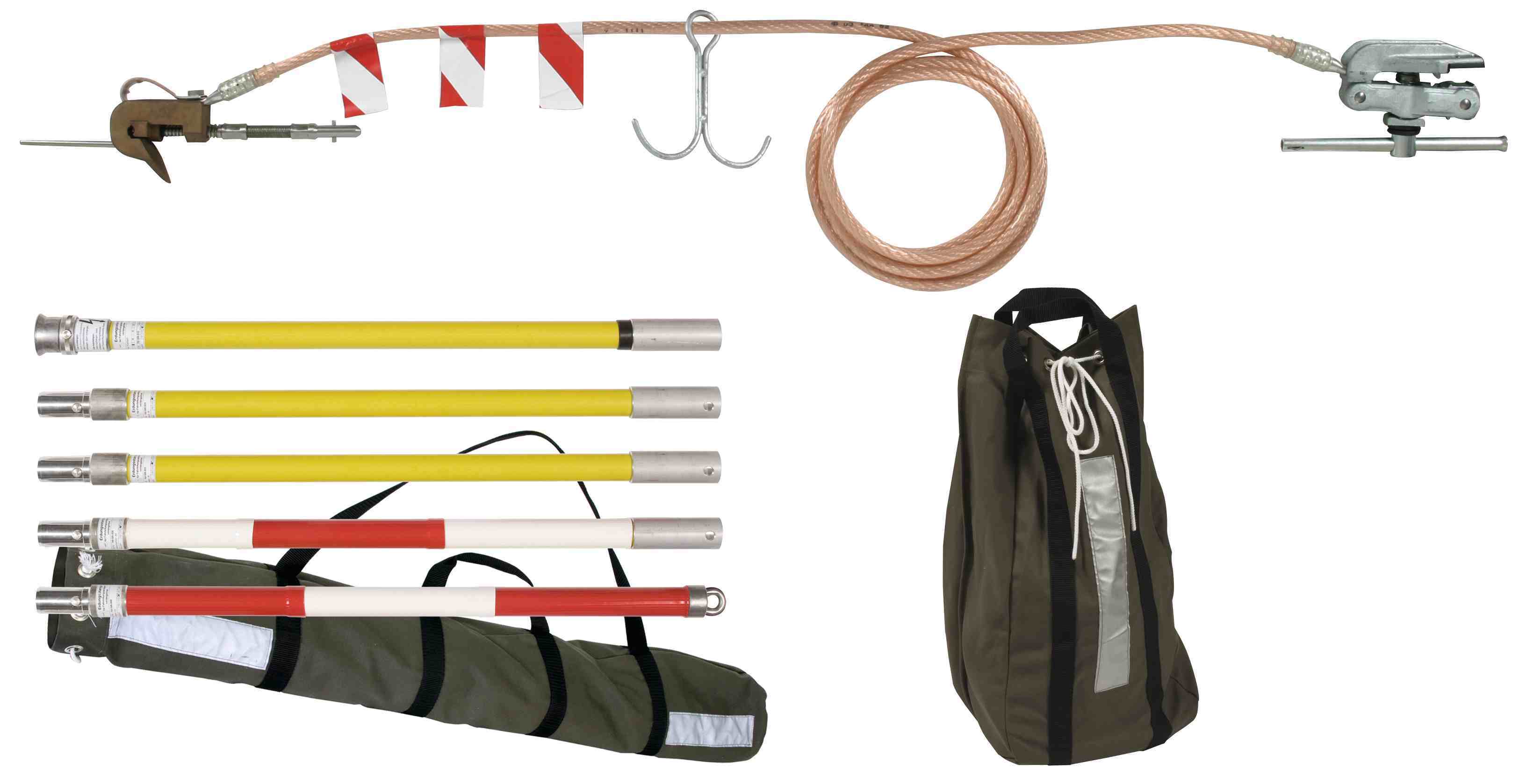 Bahnerdungsvorrichtung Pkw-Set, profilfrei - Erdungsstangen mit Alu-Kupplungssystem (Erdungsklemmen mit Knebel) mit Kupfer-Seil